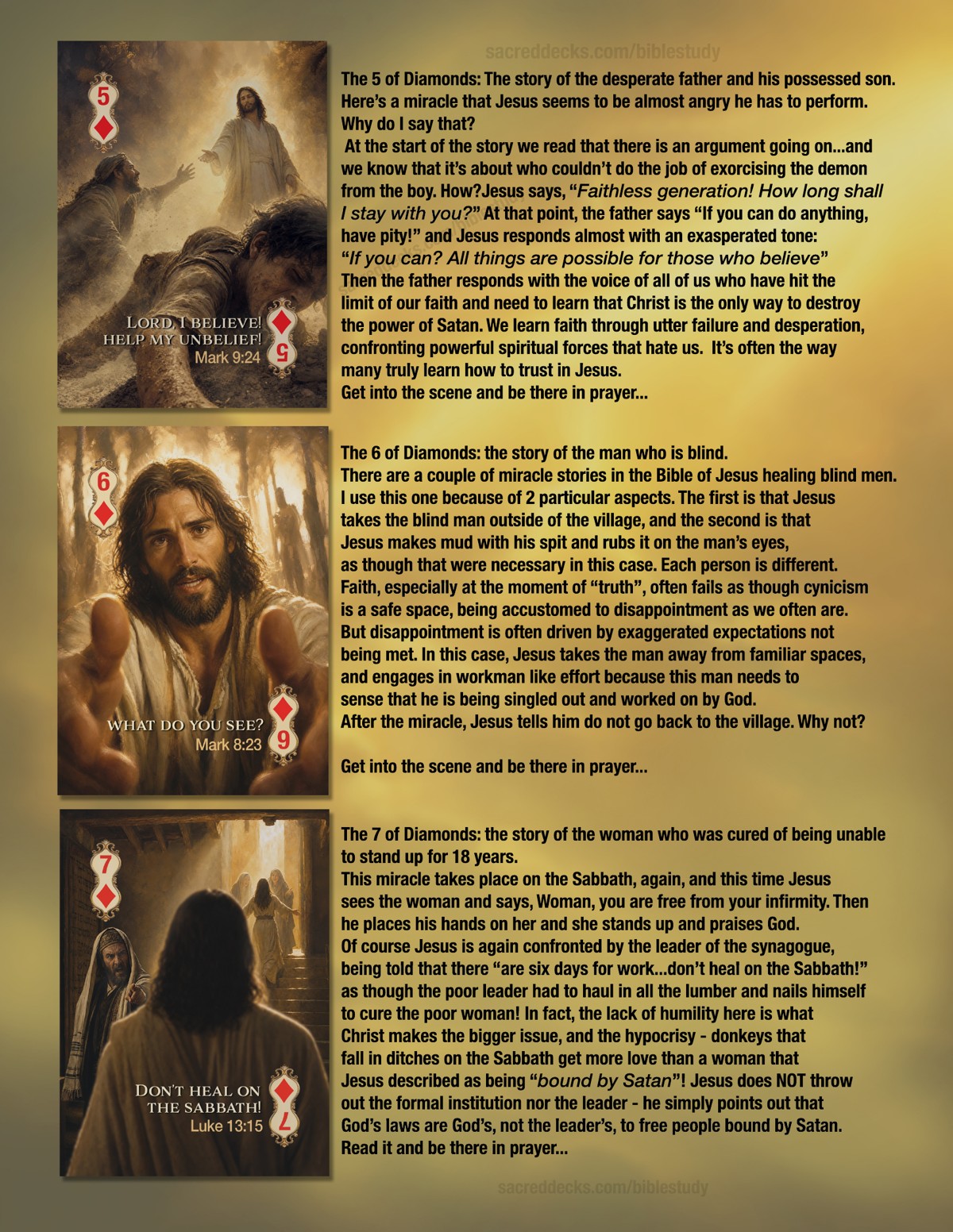 Sample page from the Sacred Decks Bible Study — Diamonds suit showing card artwork paired with scripture meditation